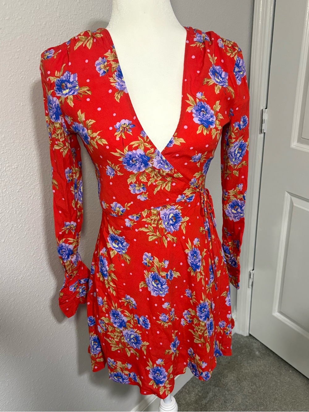 Zara Dress Women’s XS Floral Wrap Dress Red Blue Green NWT